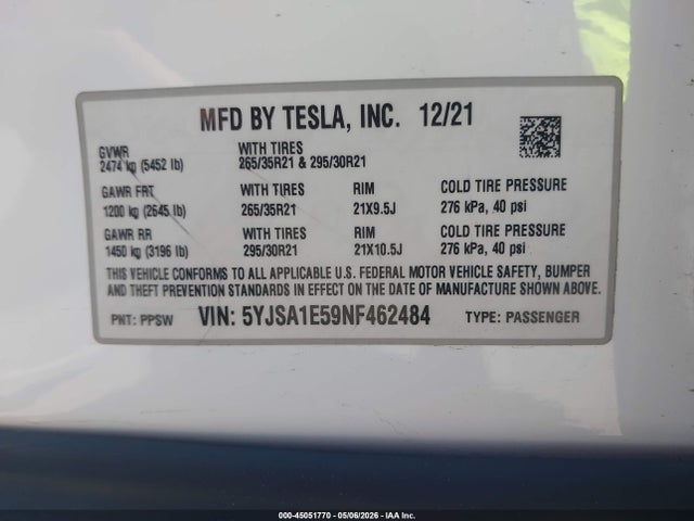 45051770 :رقم المزاد ، 5YJSA1E59NF462484 vin ، 2022 Tesla Model S Dual Motor All-wheel Drive مزاد بيع