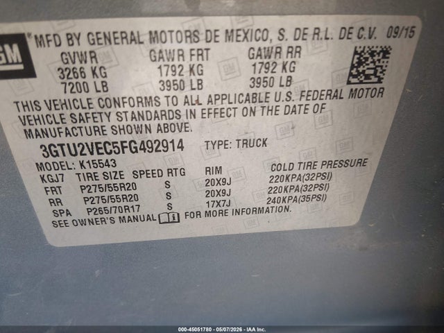 Продажа на аукционе авто 2015 Gmc Sierra 1500 Slt, vin: 3GTU2VEC5FG492914, номер лота: 45051780