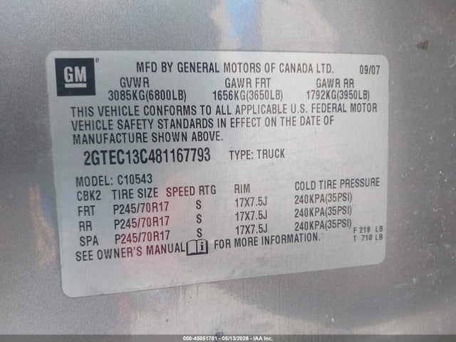 Продаж на аукціоні авто 2008 Gmc Sierra 1500 Sl, vin: 2GTEC13C481167793, номер лоту: 45051781