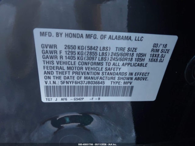 Aukcja sprzedaży 2018 Honda Pilot Ex, vin: 5FNYF6H37JB036645, numer aukcji: 45051786