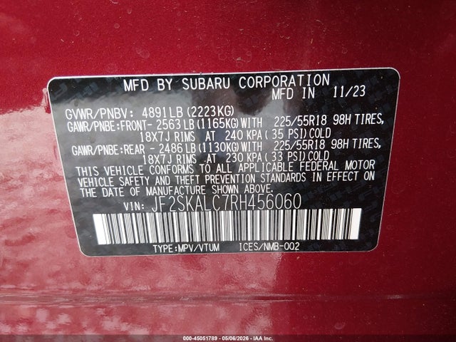 45051789 :رقم المزاد ، JF2SKALC7RH456060 vin ، 2024 Subaru Forester Limited مزاد بيع