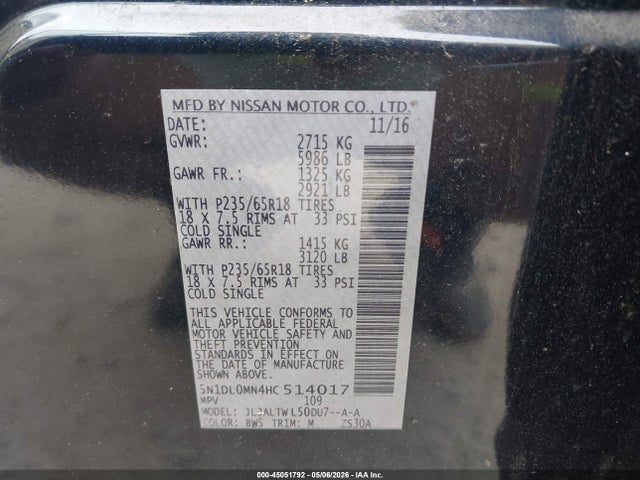 Продаж на аукціоні авто 2017 Infiniti Qx60, vin: 5N1DL0MN4HC514017, номер лоту: 45051792