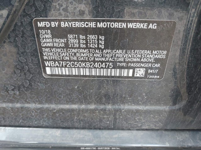 45051795 :رقم المزاد ، WBA7F2C50KB240475 vin ، 2019 Bmw 750i Xdrive مزاد بيع
