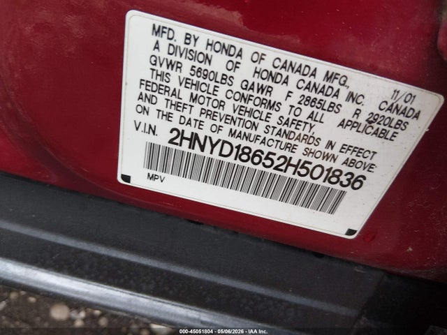 2002 Acura Mdx მანქანა იყიდება აუქციონზე, vin: 2HNYD18652H501836, აუქციონის ნომერი: 45051804
