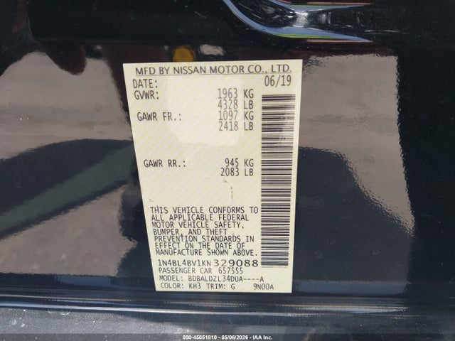 Продажа на аукционе авто 2019 Nissan Altima 2.5 S, vin: 1N4BL4BV1KN329088, номер лота: 45051810