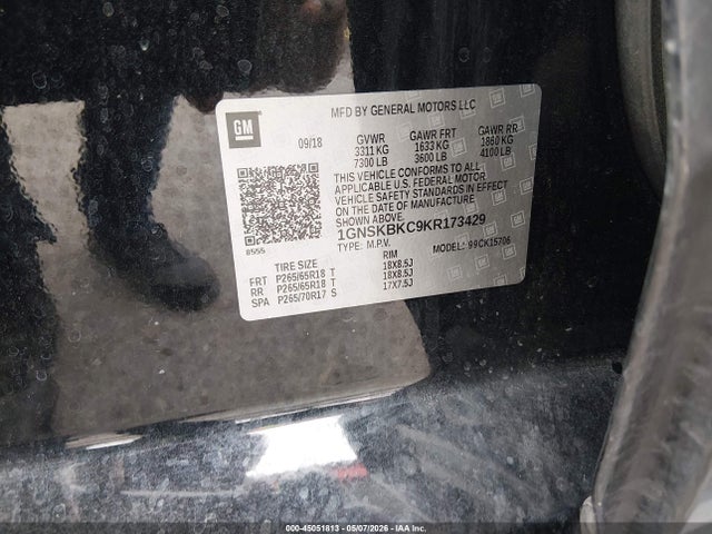 45051813 :رقم المزاد ، 1GNSKBKC9KR173429 vin ، 2019 Chevrolet Tahoe Lt مزاد بيع