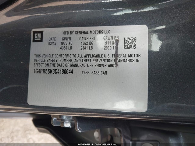 2012 Buick Verano Convenience Group მანქანა იყიდება აუქციონზე, vin: 1G4PR5SK8C4180644, აუქციონის ნომერი: 45051814
