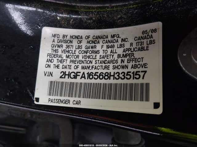 2008 Honda Civic Lx მანქანა იყიდება აუქციონზე, vin: 2HGFA16568H335157, აუქციონის ნომერი: 45051818