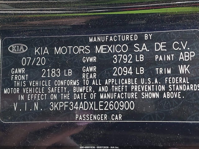 2020 Kia Forte Gt-line მანქანა იყიდება აუქციონზე, vin: 3KPF34ADXLE260900, აუქციონის ნომერი: 45051836
