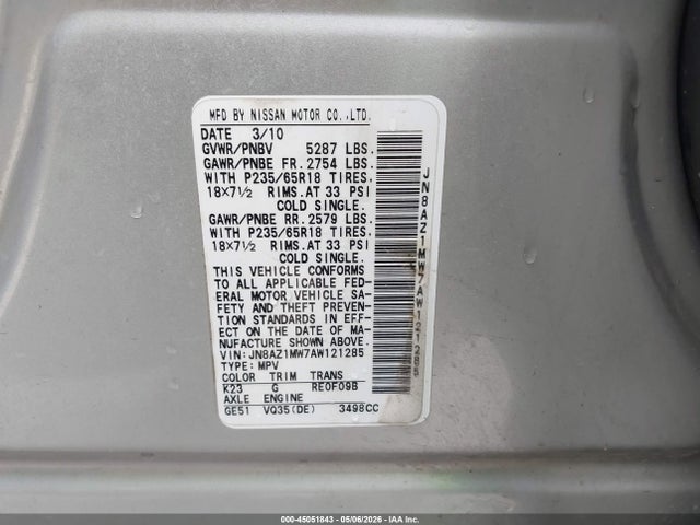 Продажа на аукционе авто 2010 Nissan Murano Sl, vin: JN8AZ1MW7AW121285, номер лота: 45051843