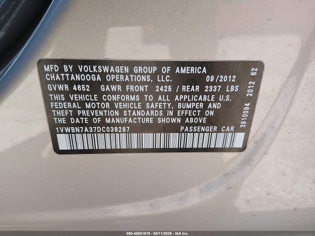 Продажа на аукционе авто 2013 Volkswagen Passat 2.0l Tdi Se, vin: 1VWBN7A37DC038287, номер лота: 45051879