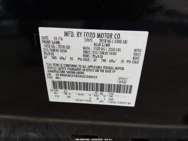 Продаж на аукціоні авто 2016 Ford Explorer Sport, vin: 1FM5K8GT8GGC02032, номер лоту: 45051883