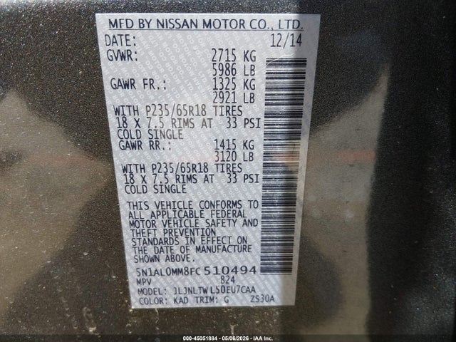 2015 Infiniti Qx60 მანქანა იყიდება აუქციონზე, vin: 5N1AL0MM8FC510494, აუქციონის ნომერი: 45051884