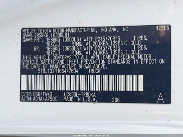 Aukcja sprzedaży 2006 Toyota Tundra Base V8, vin: 5TBJT32116S477604, numer aukcji: 45051900