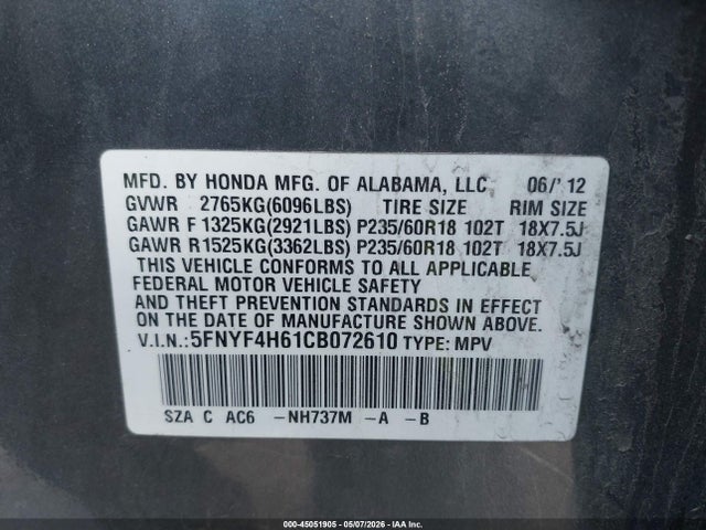 2012 Honda Pilot Ex-l მანქანა იყიდება აუქციონზე, vin: 5FNYF4H61CB072610, აუქციონის ნომერი: 45051905