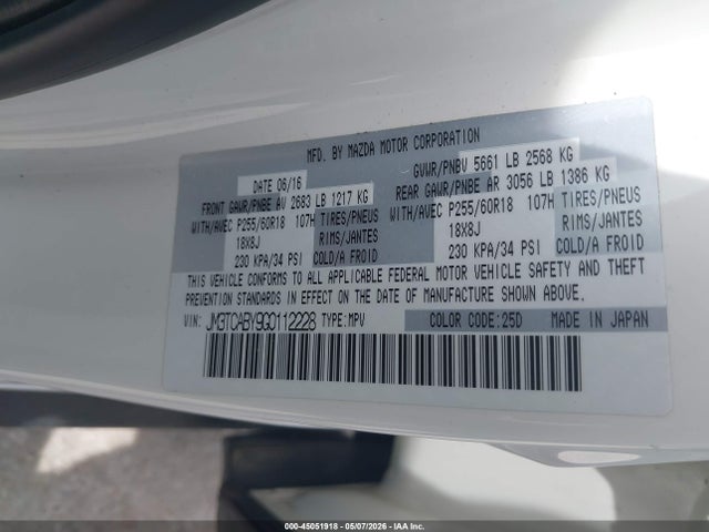 2016 Mazda Cx-9 Sport მანქანა იყიდება აუქციონზე, vin: JM3TCABY9G0112228, აუქციონის ნომერი: 45051918