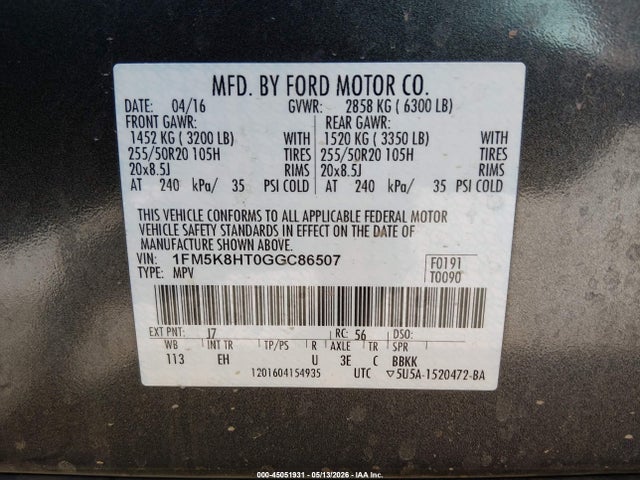 Ford Explorer Platinum 2016 1FM5K8HT0GGC86507 Image 9