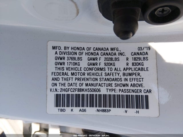 45051932 :رقم المزاد ، 2HGFC2F88KH550606 vin ، 2019 Honda Civic Sport مزاد بيع