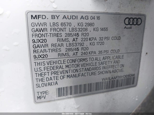Aukcja sprzedaży 2017 Audi Q7 3.0t Premium, vin: WA1LAAF76HD015346, numer aukcji: 45051934