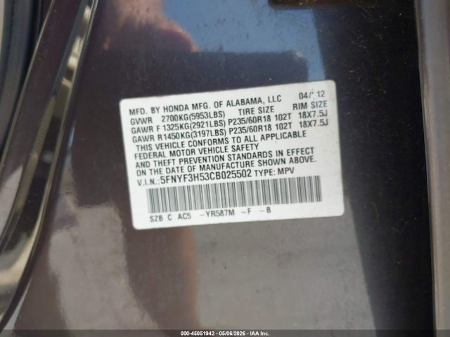 Aukcja sprzedaży 2012 Honda Pilot Ex-l, vin: 5FNYF3H53CB025502, numer aukcji: 45051942
