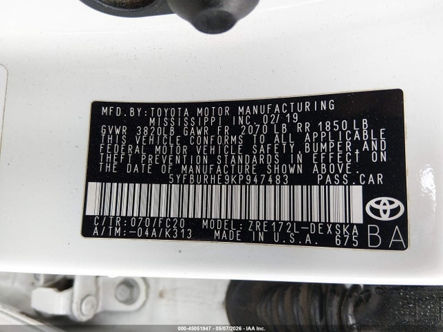 5YFBURHE9KP947483 Toyota COROLLA SE