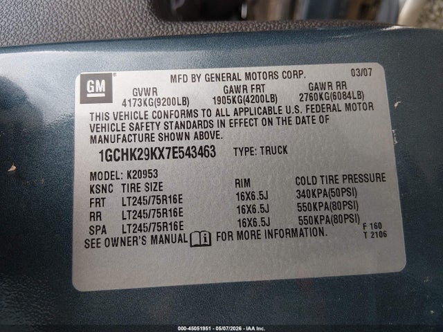 45051951 :رقم المزاد ، 1GCHK29KX7E543463 vin ، 2007 Chevrolet Silverado 2500hd Lt1 مزاد بيع