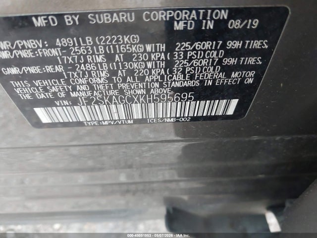2019 Subaru Forester Premium მანქანა იყიდება აუქციონზე, vin: JF2SKAGCXKH595695, აუქციონის ნომერი: 45051953