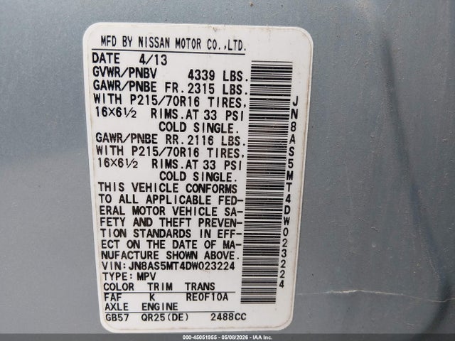 45051955 :رقم المزاد ، JN8AS5MT4DW023224 vin ، 2013 Nissan Rogue S مزاد بيع