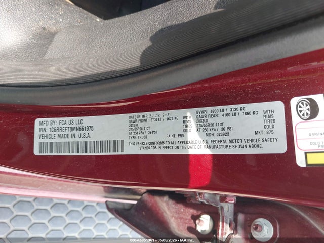Продаж на аукціоні авто 2021 Ram 1500 Lone Star  4x2 5'7 Box, vin: 1C6RREFT0MN661975, номер лоту: 45051961