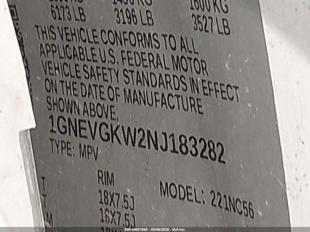 45051965 :رقم المزاد ، 1GNEVGKW2NJ183282 vin ، 2022 Chevrolet Traverse Awd Lt Cloth مزاد بيع