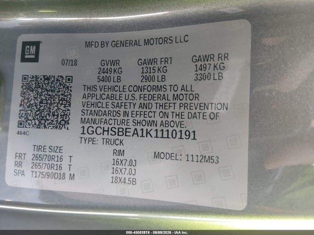 1GCHSBEA1K1110191 Chevrolet Colorado Wt