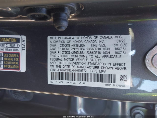 Aukcja sprzedaży 2022 Honda Cr-v Awd Ex-l, vin: 2HKRW2H8XNH619372, numer aukcji: 45051975