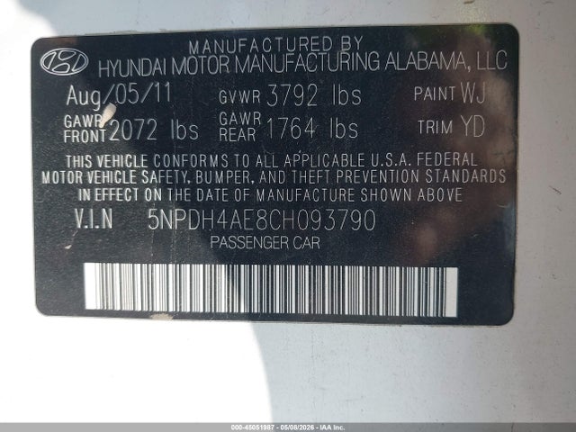 Aukcja sprzedaży 2012 Hyundai Elantra Gls, vin: 5NPDH4AE8CH093790, numer aukcji: 45051987