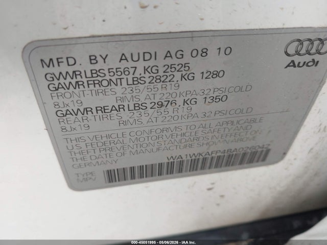 Aukcja sprzedaży 2011 Audi Q5 3.2 Premium Plus, vin: WA1WKAFP4BA026042, numer aukcji: 45051995