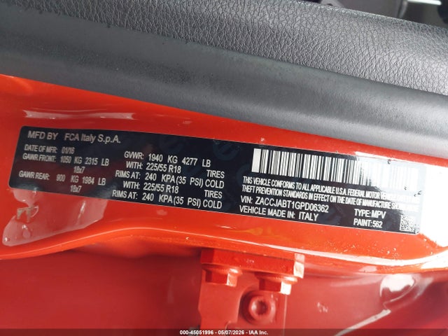 Aukcja sprzedaży 2016 Jeep Renegade 75th Anniversary, vin: ZACCJABT1GPD06362, numer aukcji: 45051996