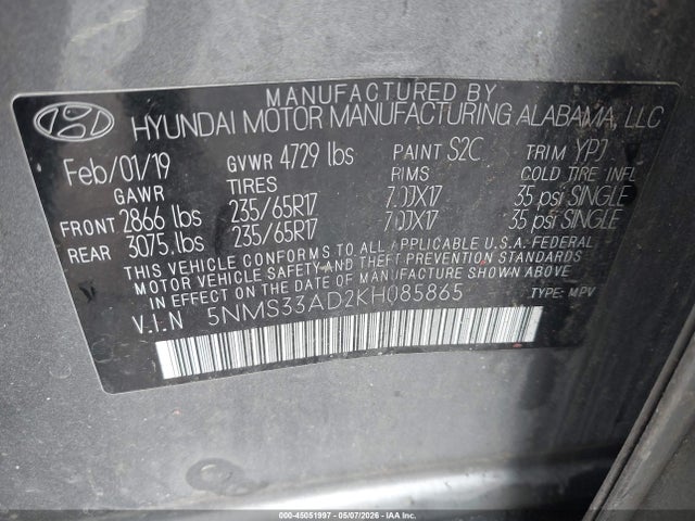 Hyundai Santa Fe Sel 2019 5NMS33AD2KH085865 Image 9
