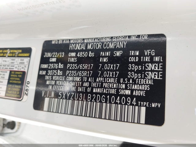 2013 Hyundai Santa Fe Sport მანქანა იყიდება აუქციონზე, vin: 5XYZU3LB2DG104094, აუქციონის ნომერი: 45051998