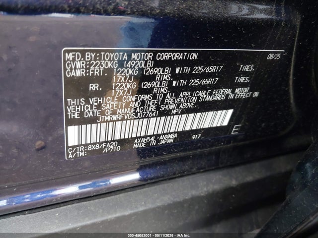 2025 Toyota Rav4 Hybrid Xle მანქანა იყიდება აუქციონზე, vin: JTMRWRFV0SJ077641, აუქციონის ნომერი: 45052001