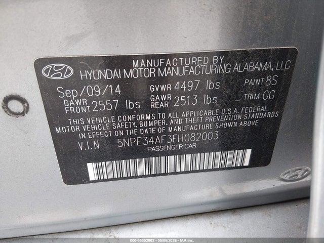 2015 Hyundai Sonata Sport მანქანა იყიდება აუქციონზე, vin: 5NPE34AF3FH082003, აუქციონის ნომერი: 45052002