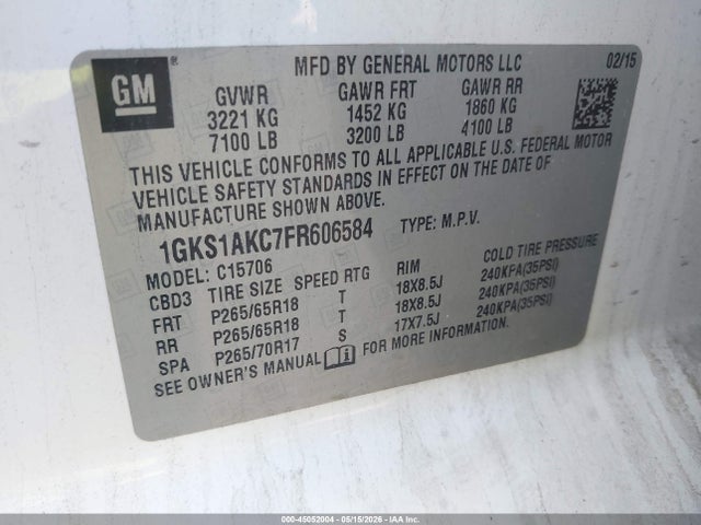 Продаж на аукціоні авто 2015 Gmc Yukon Sle, vin: 1GKS1AKC7FR606584, номер лоту: 45052004