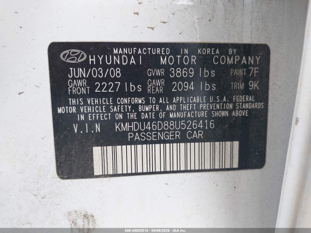 Продажа на аукционе авто 2008 Hyundai Elantra Gls/se, vin: KMHDU46D88U526416, номер лота: 45052010