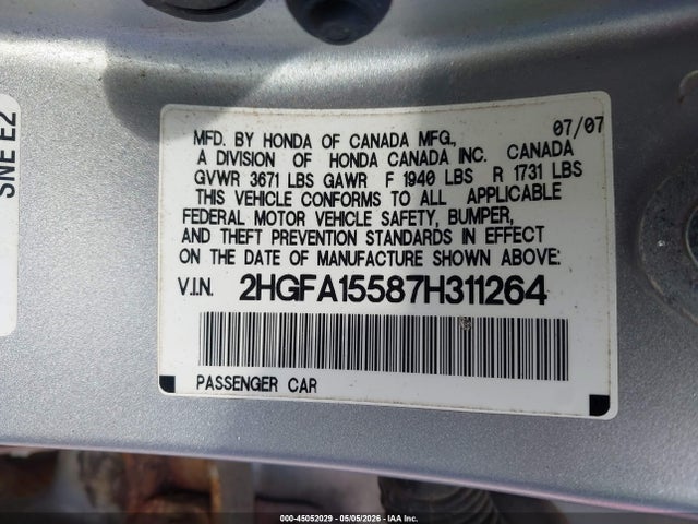 Продажа на аукционе авто 2007 Honda Civic Lx, vin: 2HGFA15587H311264, номер лота: 45052029