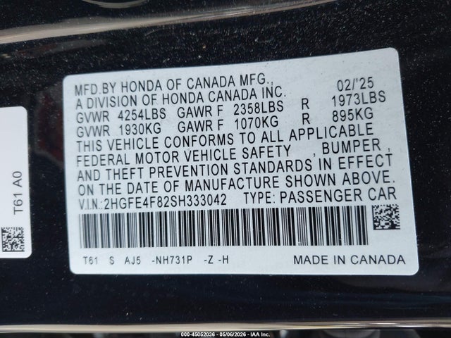 Auction sale of the 2025 Honda Civic Hybrid Sport/sport Touring, vin: 2HGFE4F82SH333042, lot number: 45052036