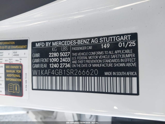 Продаж на аукціоні авто 2025 Mercedes-benz C 300, vin: W1KAF4GB1SR266620, номер лоту: 45052043