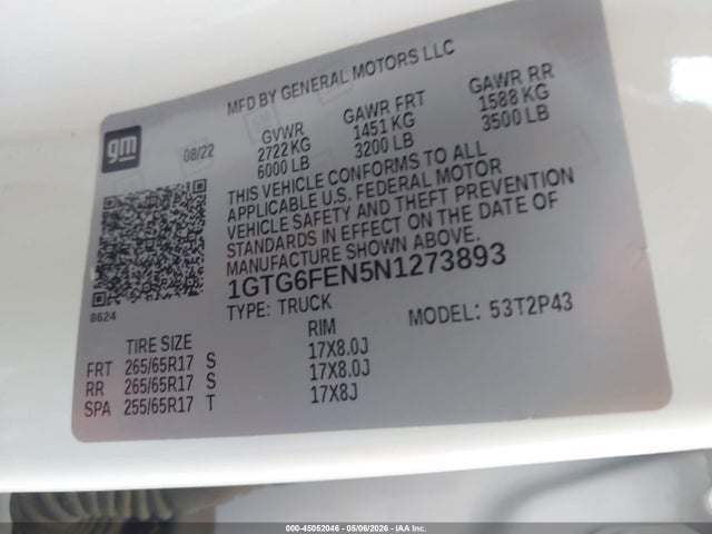 Aukcja sprzedaży 2022 Gmc Canyon 4wd  Short Box At4 - Leather, vin: 1GTG6FEN5N1273893, numer aukcji: 45052046