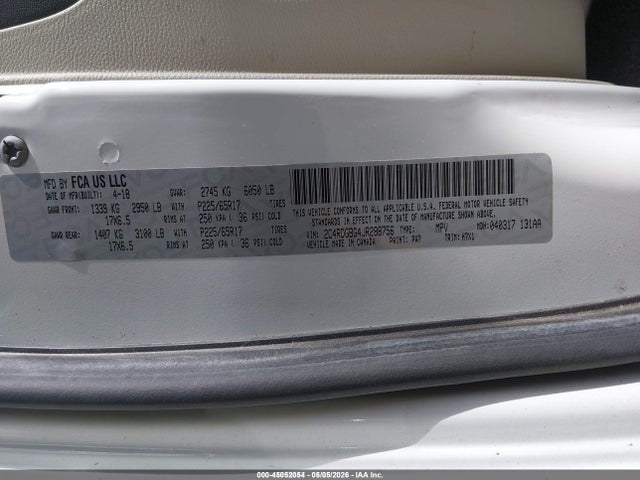 45052054 :رقم المزاد ، 2C4RDGBG4JR288756 vin ، 2018 Dodge Grand Caravan Se مزاد بيع