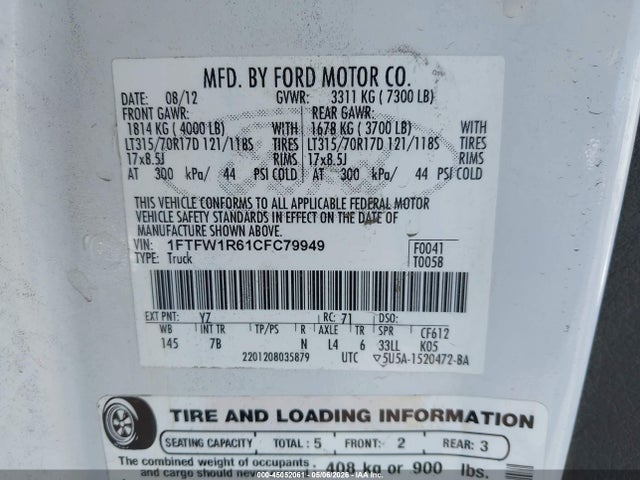 Продаж на аукціоні авто 2012 Ford F-150 Svt Raptor, vin: 1FTFW1R61CFC79949, номер лоту: 45052061