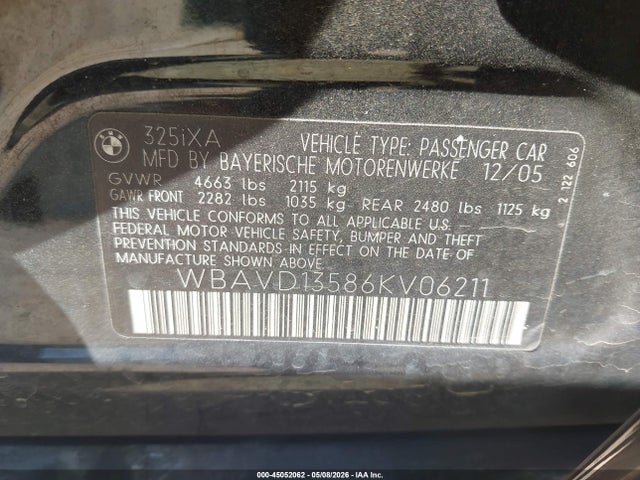 2006 Bmw 325xi მანქანა იყიდება აუქციონზე, vin: WBAVD13586KV06211, აუქციონის ნომერი: 45052062