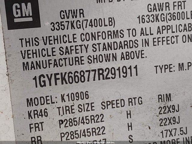 45052069 :رقم المزاد ، 1GYFK66877R291911 vin ، 2007 Cadillac Escalade Esv Standard مزاد بيع