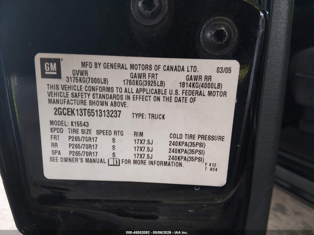 Продажа на аукционе авто 2005 Chevrolet Silverado 1500 Z71, vin: 2GCEK13T651313237, номер лота: 45052092
